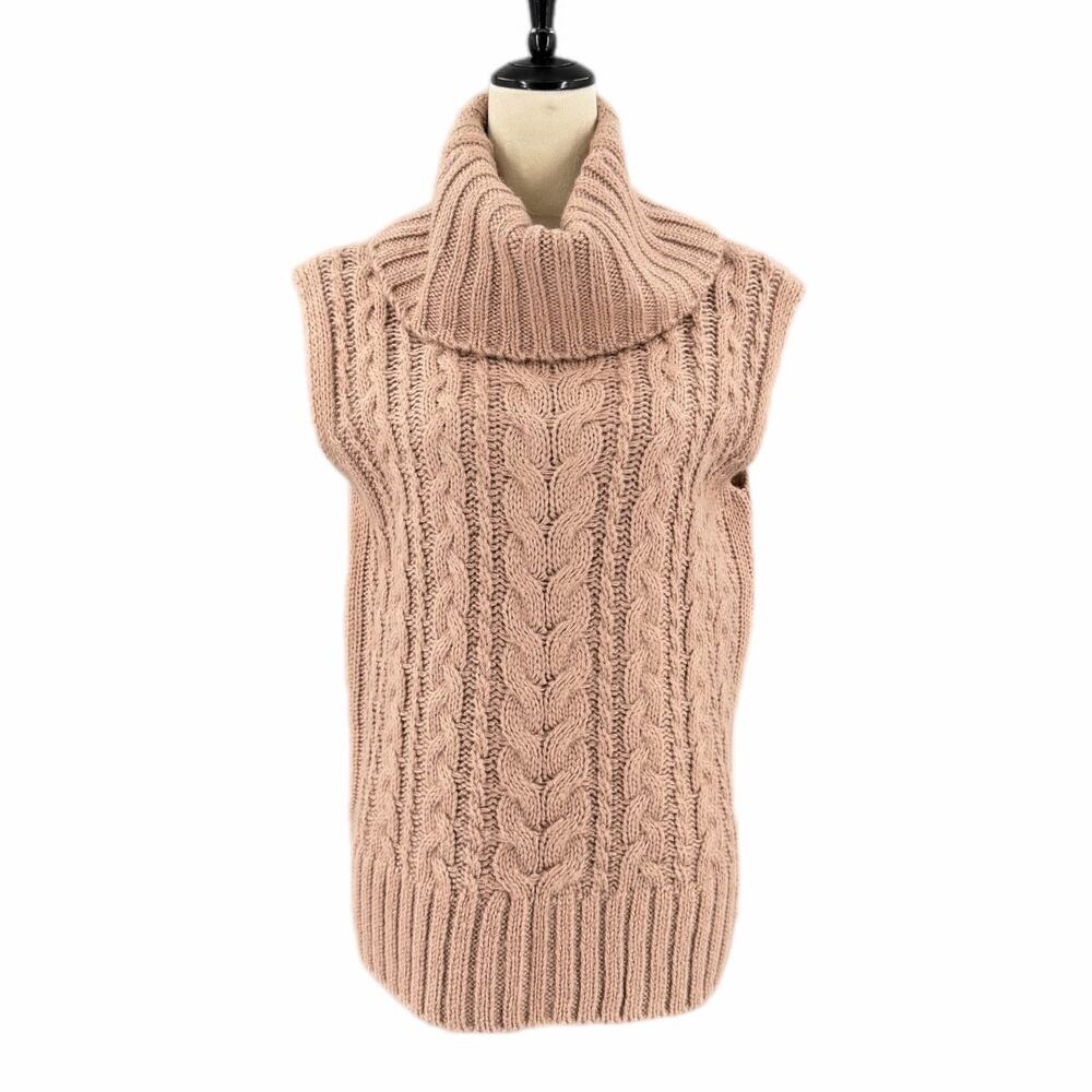 525 Taupe Beige Relaxed Chunky Cable Knit Turtleneck Layering Chic Sweater Vest